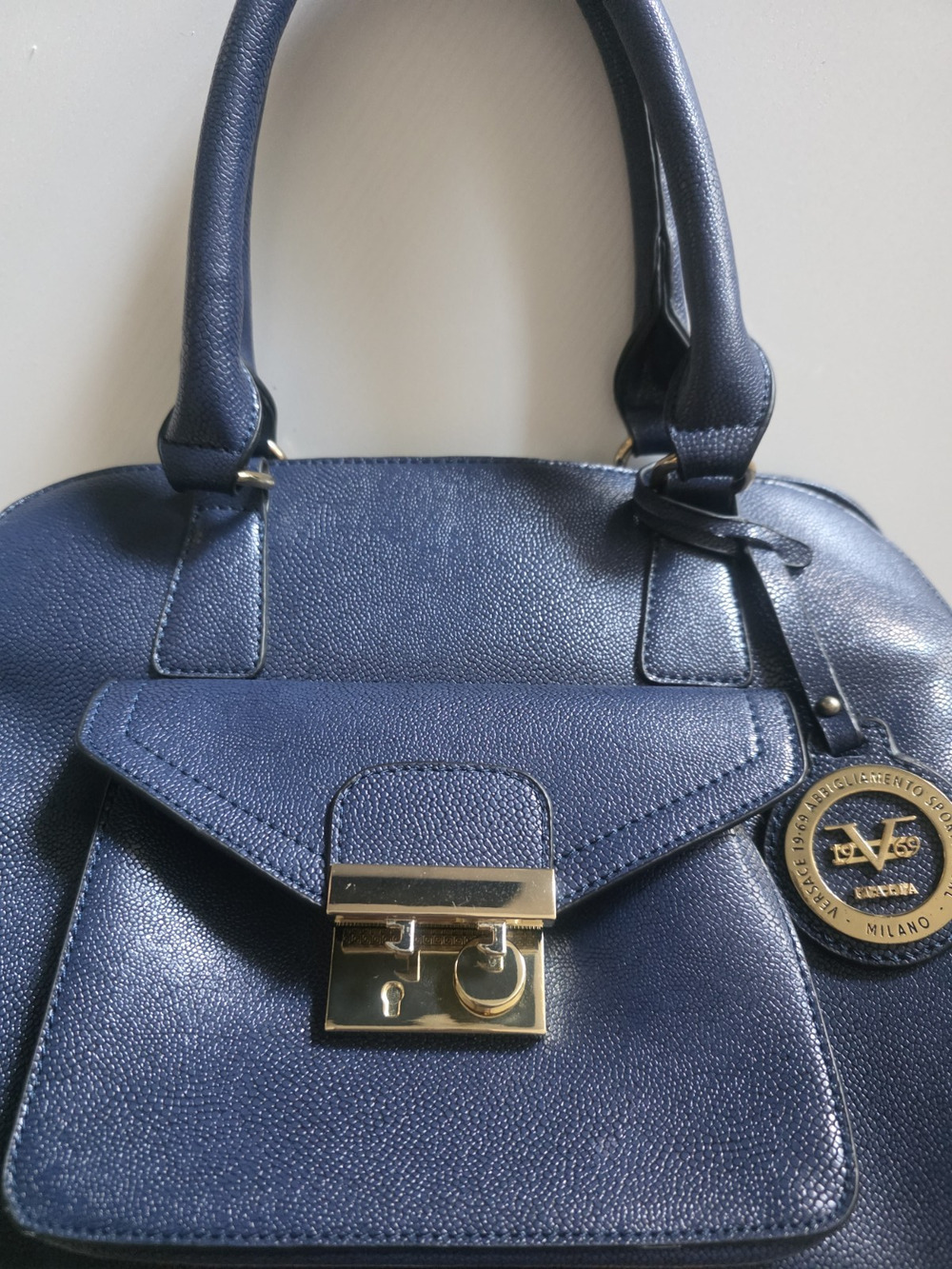 Versace 19.69 Blue Satchel Top Handle Bag Gold Hardware Turn Lock Zip Charm